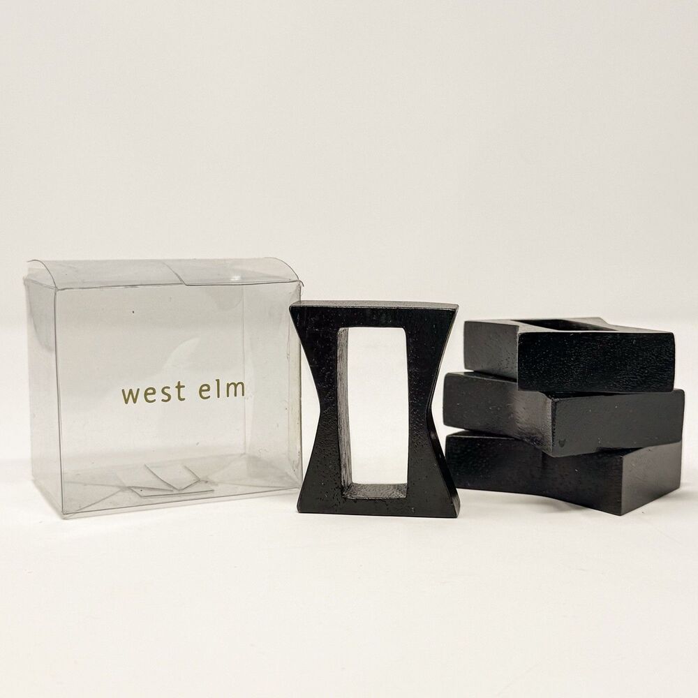 West Elm Dark Wood Napkin Rings Set of 4 Modern Square Table Decor